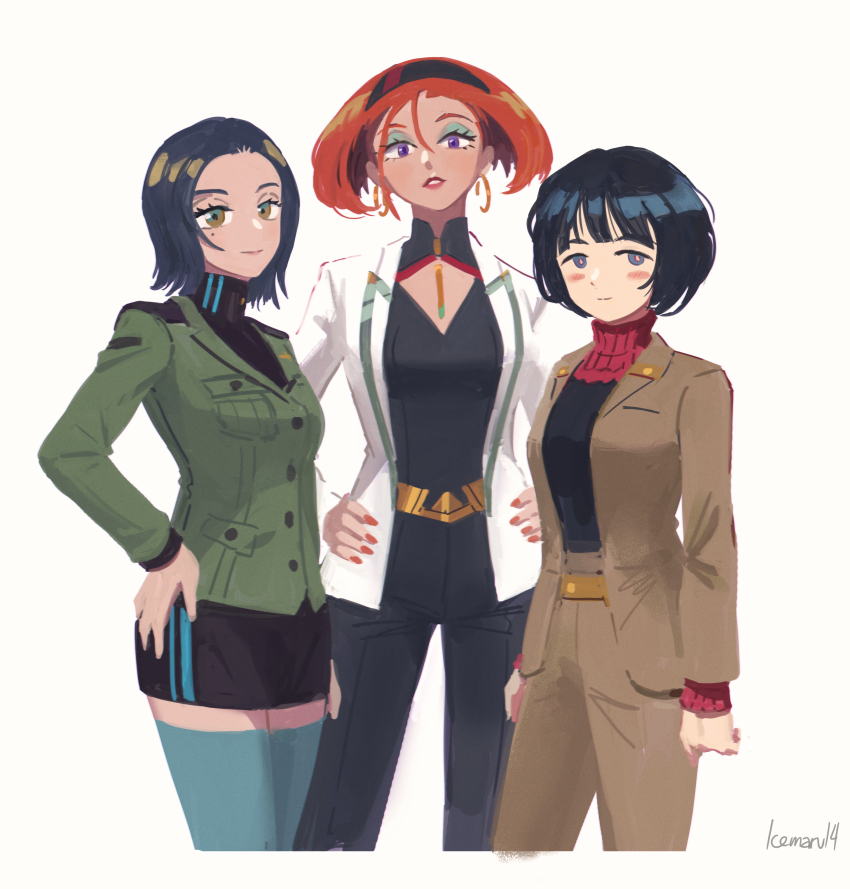 3girls absurdres annqi artist_name black_hair black_hairband black_pants black_skirt brown_eyes brown_jacket brown_pants cleavage_cutout clothing_cutout commentary comoli_harcourt earrings eyeliner green_jacket gundam gundam_gquuuuuux hairband hands_on_own_hips hashtag-only_commentary highres hoop_earrings icemarv14 jacket jewelry looking_at_viewer makeup military_uniform miniskirt mole mole_under_eye multiple_girls pants parted_lips pencil_skirt purple_eyes red_hair shiiko_sugai short_hair simple_background skirt turtleneck