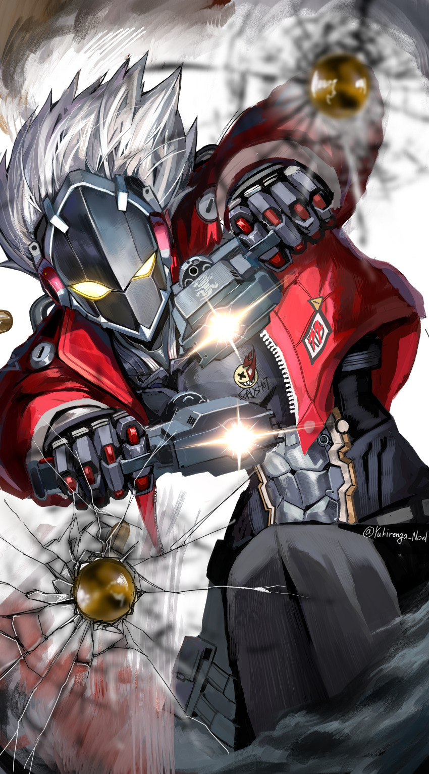 1boy absurdres billy_kid black_pants black_shirt bullet cracked_screen cropped_jacket grey_hair gun highres holding holding_gun holding_weapon jacket looking_at_viewer mask mechanical_arms mouth_mask open_clothes open_jacket pants red_jacket shirt solo weapon xue_lian_wa_noel zenless_zone_zero