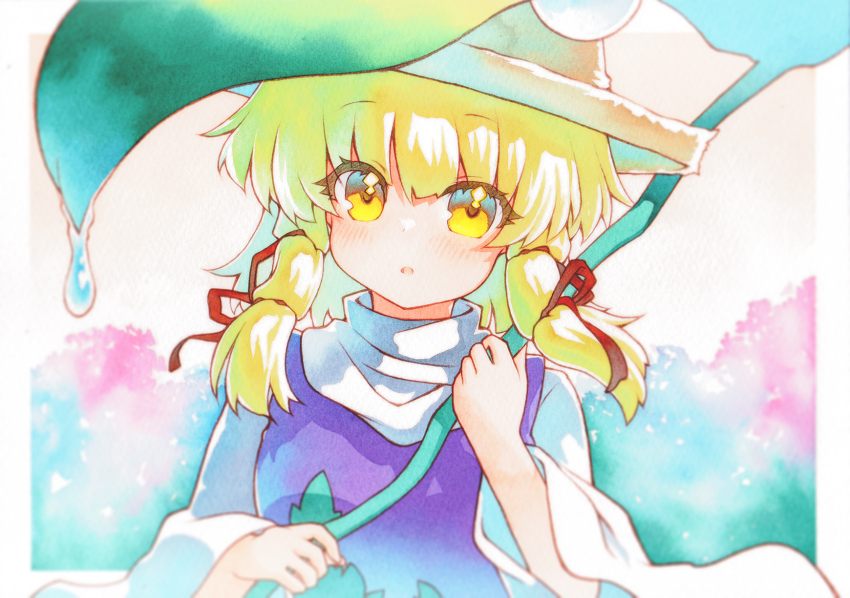 1girl blonde_hair blush brown_hat hair_ribbon hat highres leaf_umbrella long_hair long_sleeves looking_at_viewer moriya_suwako parted_lips purple_vest red_ribbon ribbon rinka_(qqqrinkappp) shirt solo touhou traditional_media tress_ribbon upper_body vest water_drop white_shirt wide_sleeves