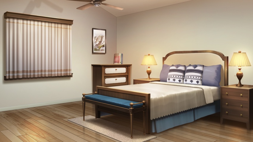 bed bedroom blanket book ceiling_fan curtains desk_lamp drawer highres indoors lamp no_humans non-web_source official_art our_life our_life:_beginnings_and_always photo_(object) pillow scenery table wooden_floor