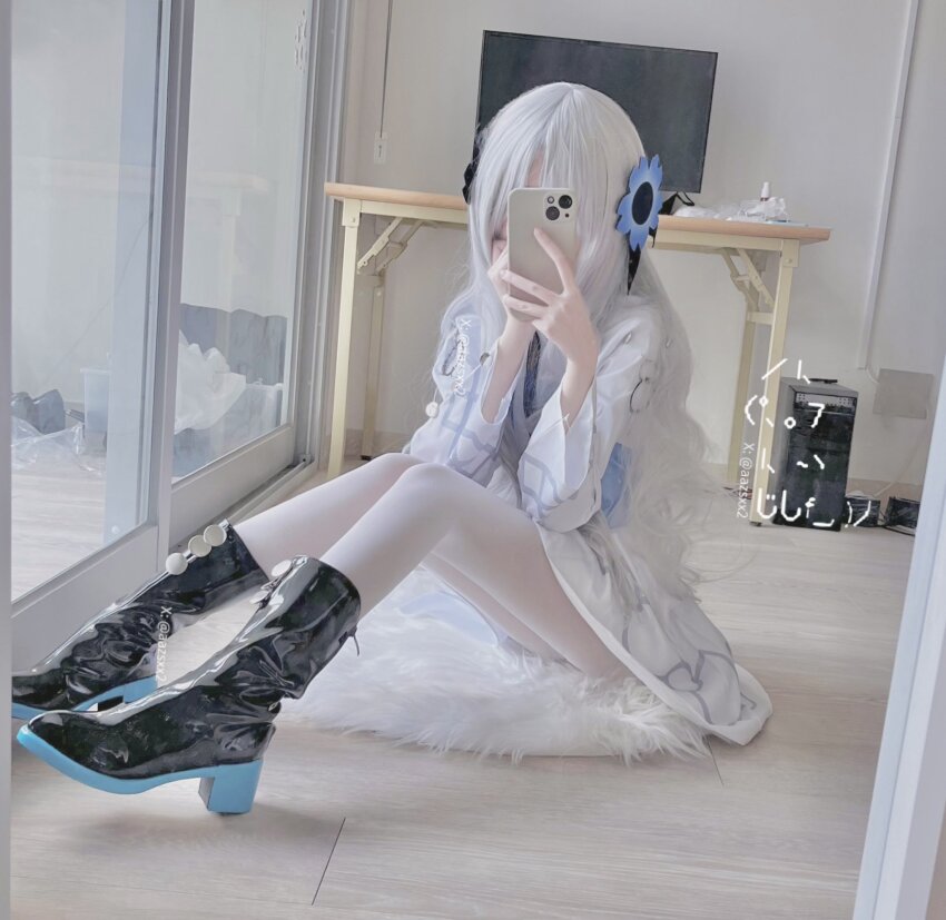 1girl anemone_(flower) black_boots blue_flower blunt_bangs boots cellphone cosplay_photo covering_face dal_(aazsxx2) dress flower gradient_clothes hair_flower hair_ornament hair_over_one_eye highres holding holding_phone indoors isekaijoucho kamitsubaki_studio legs_together long_hair long_sleeves mirror_selfie pantyhose petite phone photo_(medium) rug selfie solo two-tone_dress virtual_youtuber wavy_hair white_dress white_hair white_pantyhose