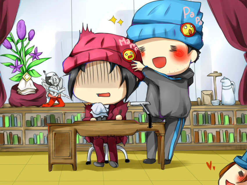 1girl 2boys =_= beanie bookshelf ace_attorney hat highres miles_edgeworth multiple_boys trucy_wright phoenix_wright steel_samurai