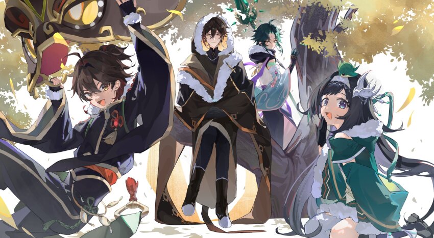 1girl 3boys arm_tattoo black_gloves black_pants black_shirt brown_coat brown_eyes brown_hair cape chinese_clothes chinese_guardian_lion closed_mouth coat fingerless_gloves fur-trimmed_coat fur-trimmed_jacket fur_trim gaming_(genshin_impact) genshin_impact gloves green_gloves green_hair hair_between_eyes highres jacket lan_yan_(genshin_impact) lion_mask long_hair long_sleeves looking_at_viewer male_focus multicolored_eyes multicolored_hair multiple_boys open_mouth pants polearm sawa_(sawa_owo) shirt smile tattoo tree two-tone_eyes weapon white_shirt xiao_(genshin_impact) zhongli_(genshin_impact)