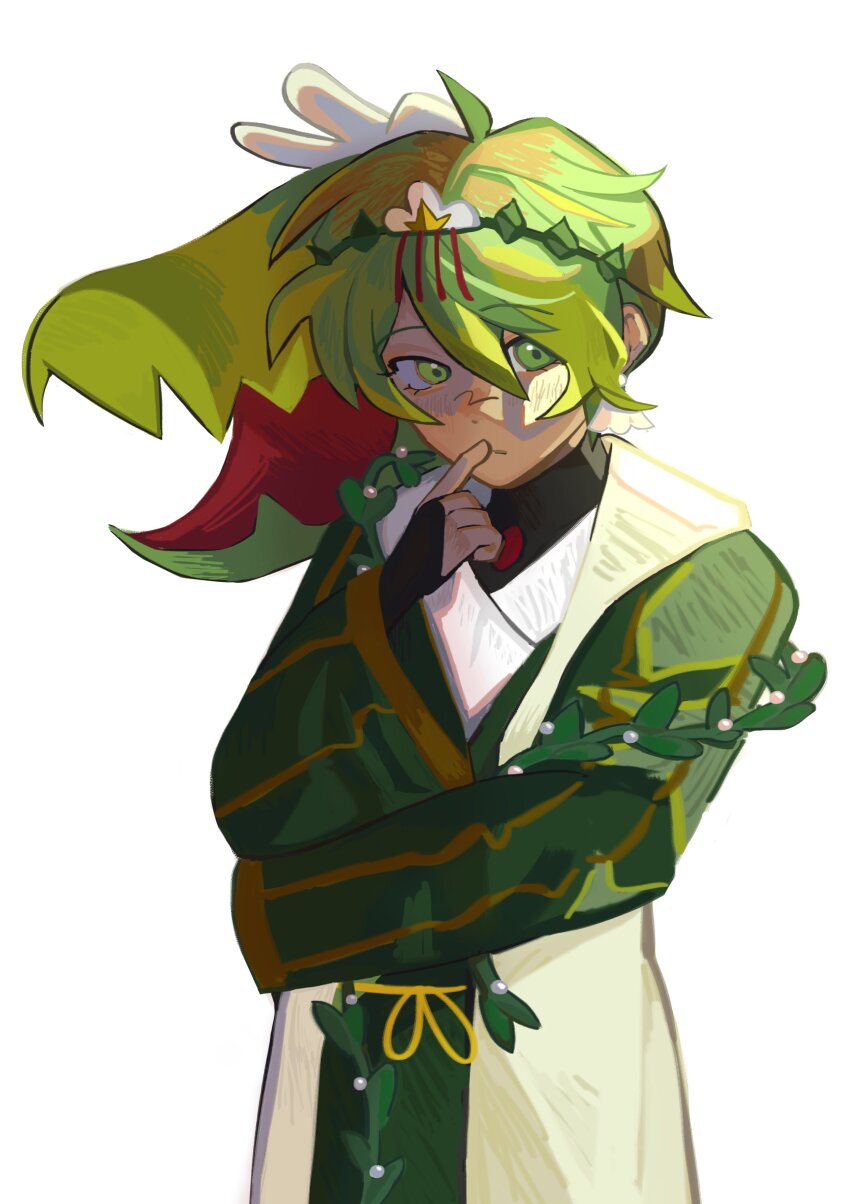 1boy absurdres ahoge bishounen black_bridal_gauntlets bridal_gauntlets closed_mouth coat cookie_run cookie_run:_ovenbreak cowboy_shot dot_nose double-parted_bangs finger_to_mouth green_eyes green_hair green_jacket hair_between_eyes hand_on_own_opposite_hip hand_up herb_cookie herb_cookie_(sage_of_ivies) highres humanization jacket kimono_collar layered_clothes male_focus mataitree non-deformed official_alternate_costume open_clothes open_coat parted_hair plant short_hair sidelighting sideways_glance simple_background sleeveless sleeveless_coat solo tachi-e turtleneck venus_flytrap white_background white_coat