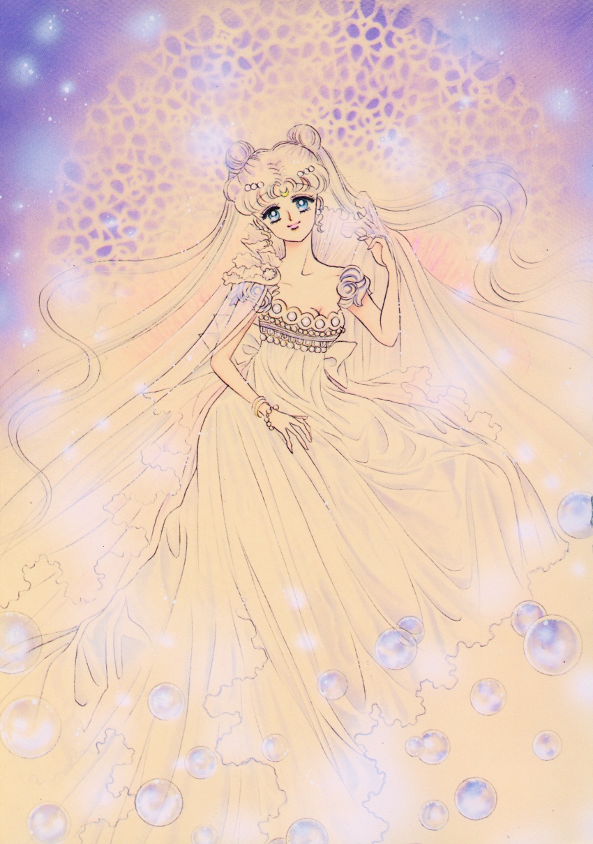 1girl absurdres artbook bishoujo_senshi_sailor_moon blue_eyes bracelet breasts bubble cleavage closed_mouth collarbone crescent crescent_facial_mark double_bun dress facial_mark forehead_mark full_body hair_bun hand_up head_tilt highres incredibly_absurdres jewelry lips long_dress looking_at_viewer middle_part official_art pink_lips princess princess_serenity retro_artstyle scan takeuchi_naoko