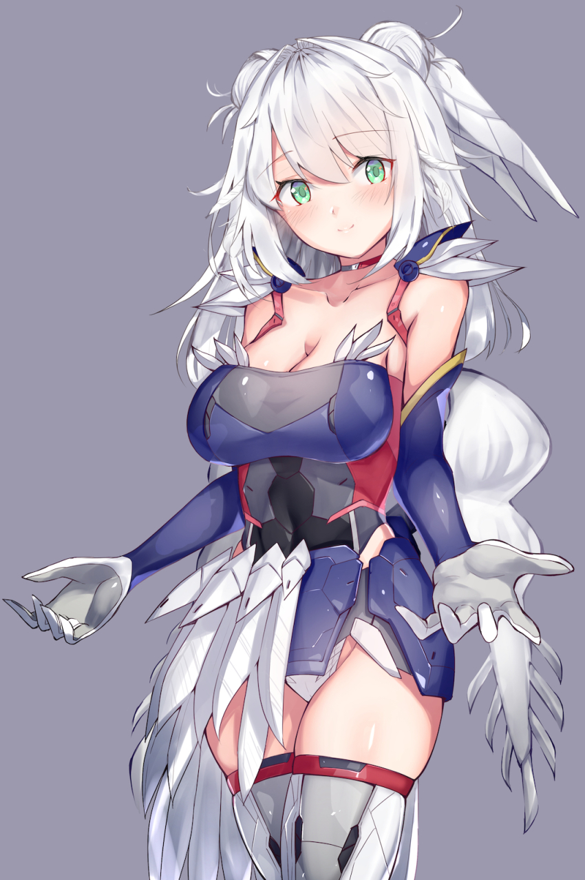 1girl breasts cleavage collarbone elbow_gloves gloves green_eyes grey_background gundam gundam_wing gundam_wing:_endless_waltz head_tilt highres i.takashi mecha_musume medium_breasts personification skindentation skirt smile solo thighhighs white_gloves white_hair white_skirt white_thighhighs wing_gundam_zero_custom wings