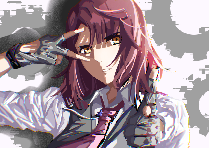 1girl artist_name artist_request blush braid braided_bun break_the_system break_the_system_(love_live!) breasts buttons chain collared_dress cross-laced_footwear dress epaulettes female_focus finger_gun fingerless_gloves gears gloves green_eyes hair_bun hair_ornament hairclip highres looking_at_viewer love_live! love_live!_nijigasaki_high_school_idol_club love_live!_school_idol_festival necktie orange_hair parted_lips pink_necktie plaid_clothes plaid_dress pleated pleated_dress pointing pointing_at_viewer purple_neckwear red_hair short_hair shorts shorts_under_skirt side_bun single_side_bun three-quarter_sleeves smile solo star_(symbol) star_hair_ornament uehara_ayumu upper_body v v_over_eye white_background white_dress white_gloves wing_collar yellow_eyes