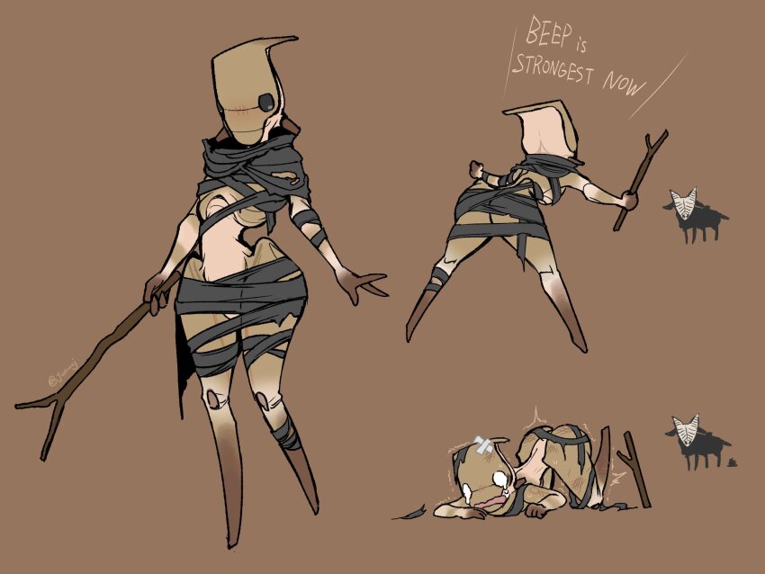 1girl arthropod_girl ass bandages beep_(kenshi) blush brown_background commentary crossed_bandaids crying english_commentary english_text full_body highres holding holding_stick juerucj kenshi multiple_views poop ribbon simple_background stick top-down_bottom-up trample twitter_username wide_hips
