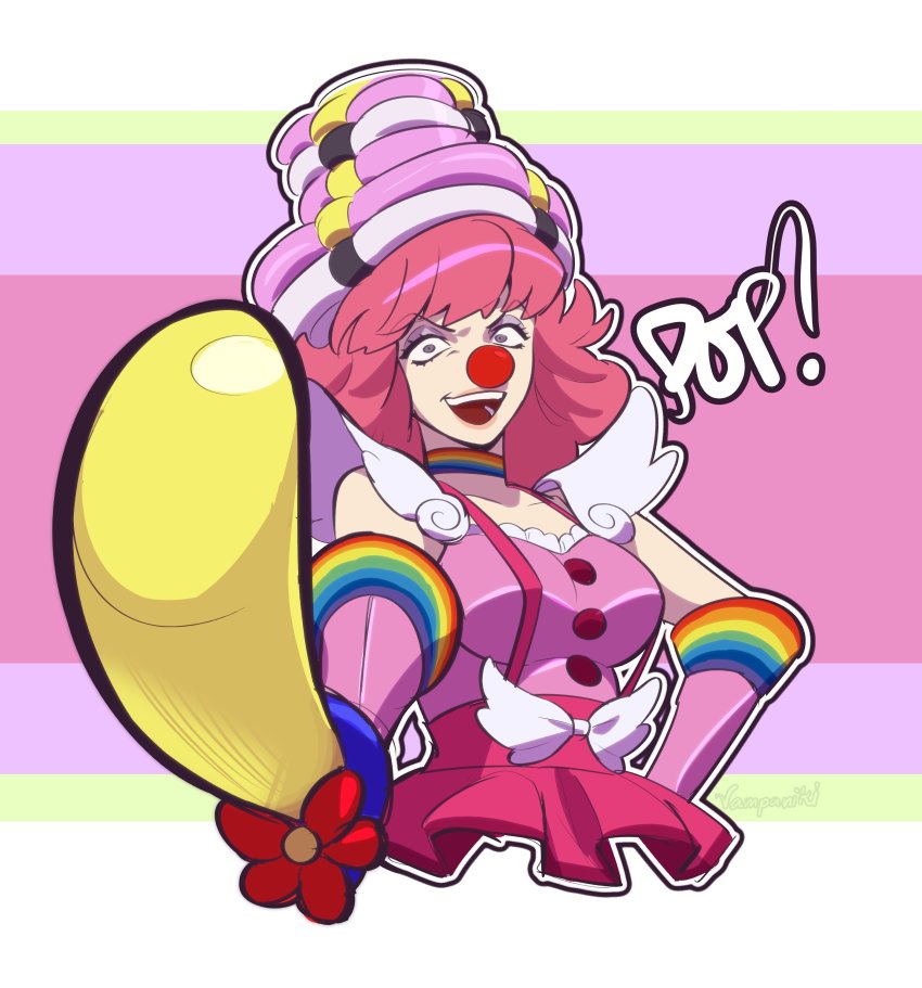 1girl absurdres ace_attorney balloon_flower balloon_sword breasts choker clown_girl clown_nose english_text flower geiru_toneido gloves grey_eyes hand_on_own_hip highres long_hair medium_breasts multicolored_clothes open_mouth outline phoenix_wright:_ace_attorney_-_spirit_of_justice pink_gloves pink_hair rainbow red_flower shadow shoulder_pads signature simple_background solo sound_effects suspenders upper_body vampaniki white_outline