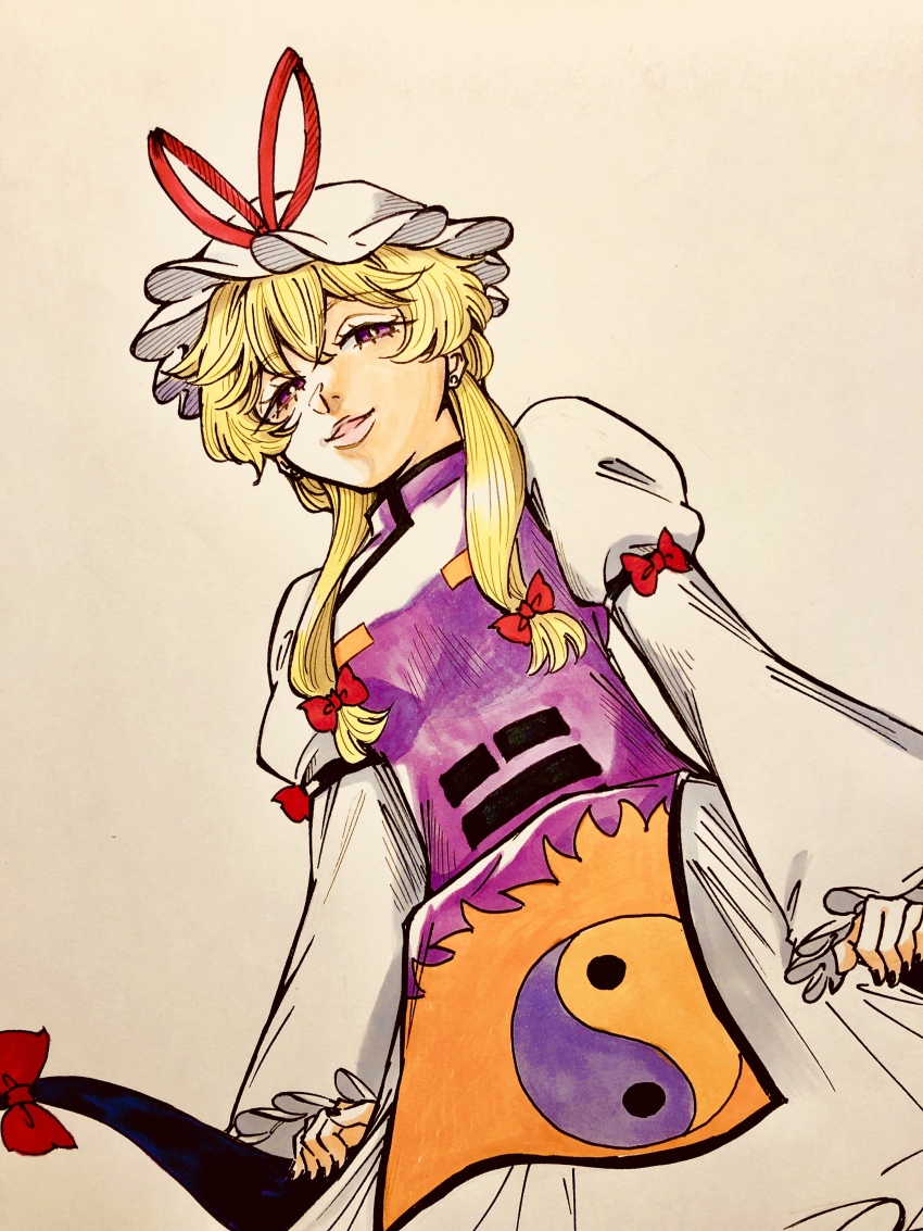 1girl absurdres blonde_hair dress gap_(touhou) hair_between_eyes hair_ribbon hat highres long_hair long_sleeves looking_at_viewer mob_cap nail_polish purple_eyes purple_tabard ribbon s590220 smile solo tabard touhou traditional_media white_dress yakumo_yukari