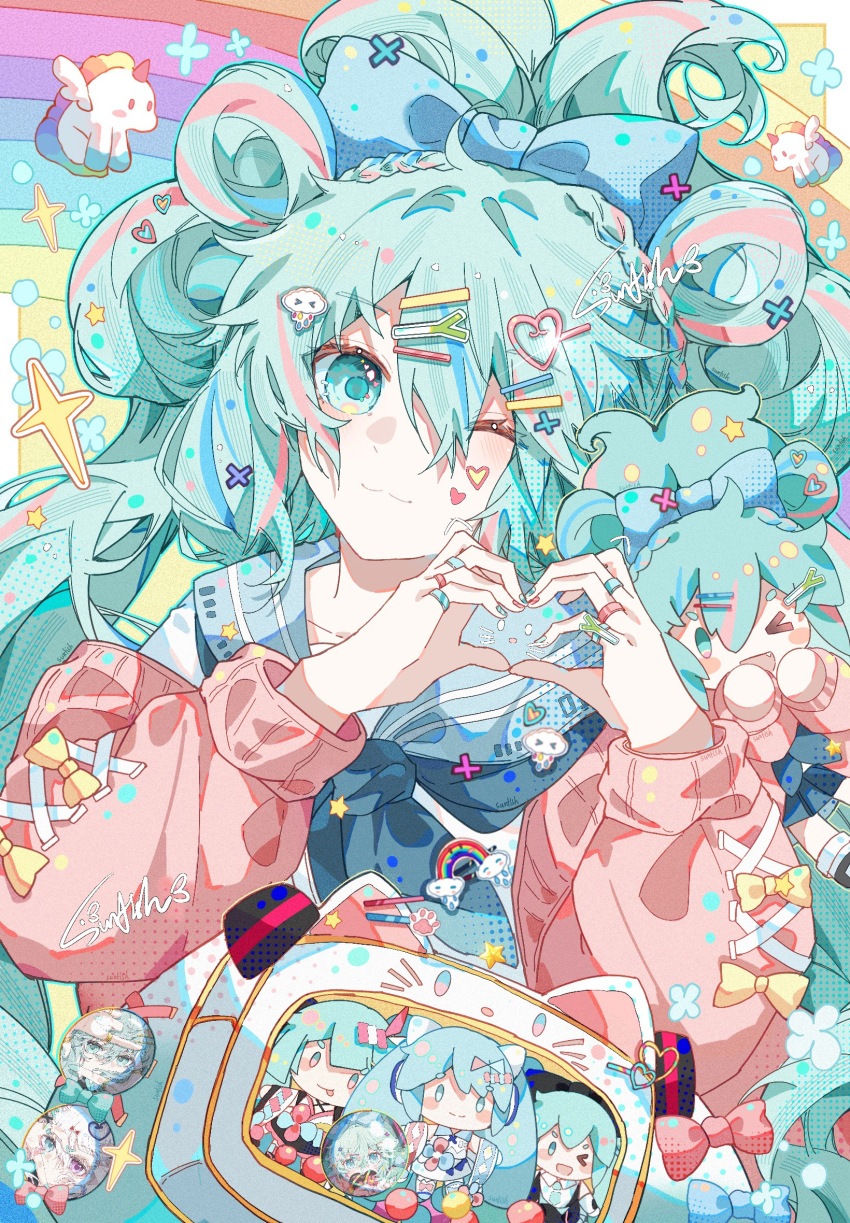 1girl :3 alternate_costume aqua_eyes aqua_hair bag bow chinese_commentary cinnamiku commentary_request decora hair_bow hair_ornament hairclip hatsune_miku highres itabag long_hair looking_at_viewer magical_mirai_miku magical_mirai_miku_(2016) magical_mirai_miku_(2020_summer) magical_mirai_miku_(2020_winter) necktie one_eye_closed school_uniform serafuku shirt smile solo sunfish3939 twintails very_long_hair vocaloid