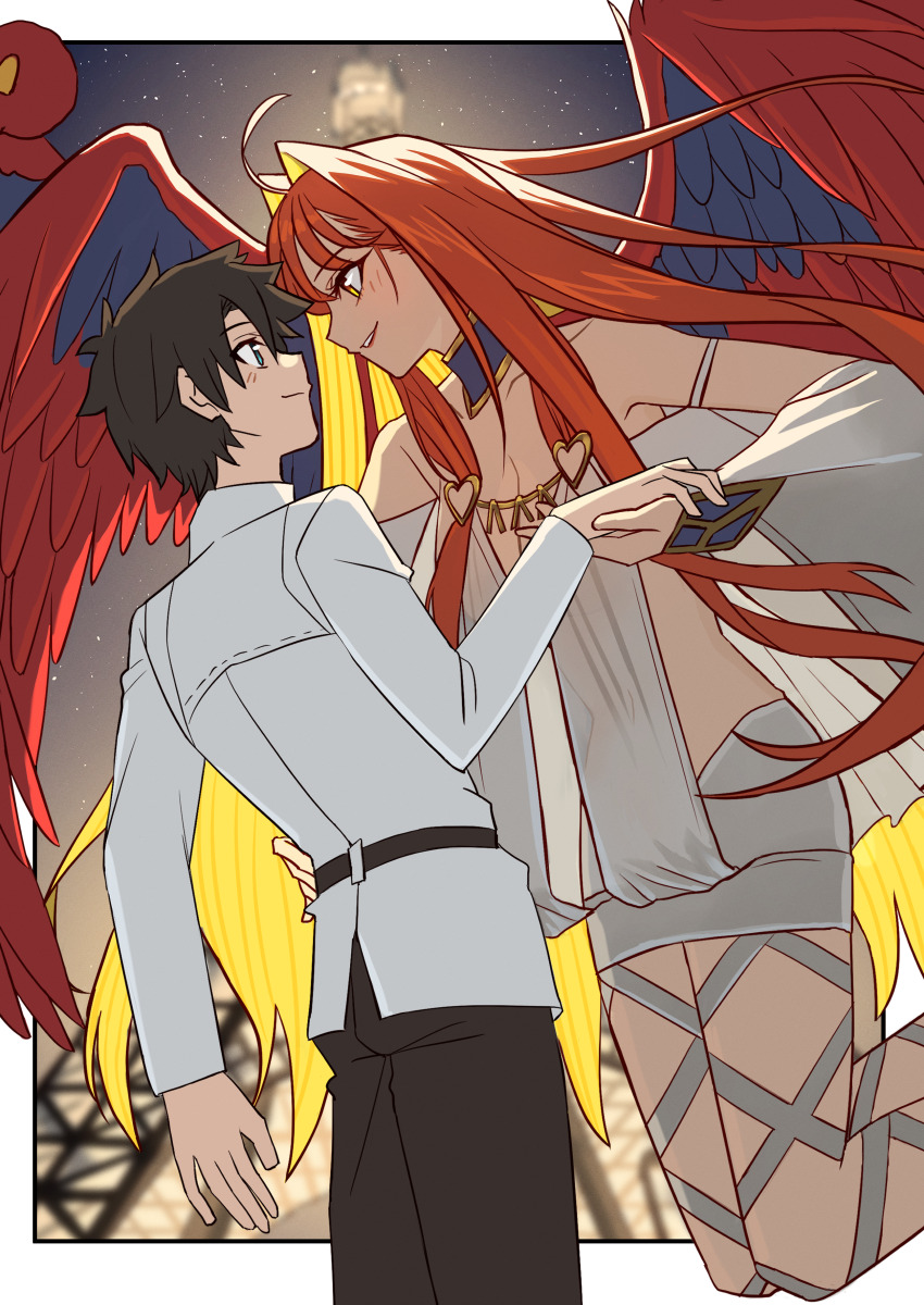1boy 1girl absurdres ahoge aphrodite_(fate) bare_shoulders belt black_hair black_pants blonde_hair blue_eyes blush breasts dress eiffel_tower fate/grand_order fate_(series) feathered_wings fujimaru_ritsuka_(male) hair_intakes hetero highres medium_breasts multicolored_hair orange_eyes orange_hair pants shintyoi2 shirt skull white_dress white_shirt wings yellow_eyes