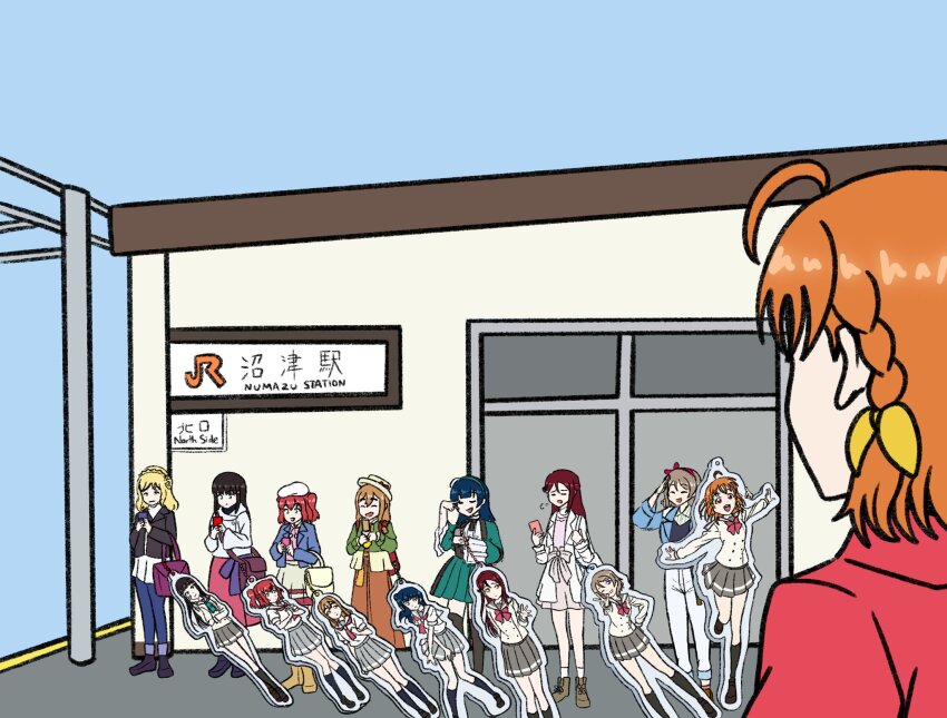 6+girls ahoge april_fools aqua_eyes aqua_neckerchief bada_(oceannmann) black_boots black_hair black_jacket blonde_hair blue_jacket blue_pants blunt_bangs boots bow bowtie braid breasts brown_dress brown_hair brown_skirt cardigan cellphone character_charm charm_(object) coat commentary crown_braid dress elbow_carry flower green_jacket grey_sailor_collar grey_skirt hair_flower hair_ornament hair_petal hair_rings hairclip hat highres holding holding_phone hop?_stop?_nonstop! jacket kunikida_hanamaru kurosawa_dia kurosawa_ruby leather leather_jacket long_dress long_hair long_sleeves love_live! love_live!_sunshine!! love_live!_sunshine!!_the_school_idol_movie_over_the_rainbow low_twintails medium_breasts medium_hair miniskirt mole mole_under_mouth multiple_girls neckerchief numazu ohara_mari open_clothes open_coat open_jacket orange_bow orange_bowtie orange_hair outdoors outstretched_arms pants phone pink_shirt pleated_skirt purple_bag real_world_location red_bow red_bowtie red_eyes red_hair red_jacket red_neckerchief sailor_collar sakurauchi_riko school_uniform shirt short_hair side_braid single_hair_ring skirt smartphone spread_arms standing sweater symbol-only_commentary takami_chika tsushima_yoshiko turtleneck turtleneck_sweater twintails two_side_up uranohoshi_school_uniform watanabe_you white_coat white_hat white_jacket white_pants white_shirt white_sweater winter_uniform yellow_cardigan
