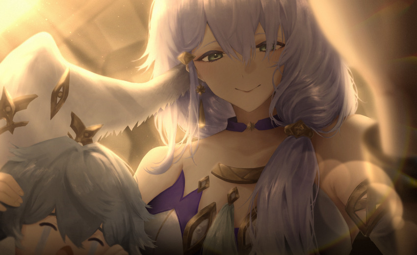1boy 1girl absurdres aged_down backlighting bare_shoulders child closed_mouth crying derivative_work earrings facing_viewer feathered_wings female_pov from_below green_eyes hair_between_eyes hair_over_one_eye hair_over_shoulder halo hand_on_another&#039;s_head head_rest highres honkai:_star_rail honkai_(series) jewelry light_smile looking_at_viewer low_ponytail mechanical_halo mother_and_son orion_a2 ponytail pov reaching reaching_towards_viewer ring_hair_ornament sidelighting streaming_tears sunday_(honkai:_star_rail) sunday_and_robin&#039;s_mother_(honkai:_star_rail) t_t tears white_wings wings