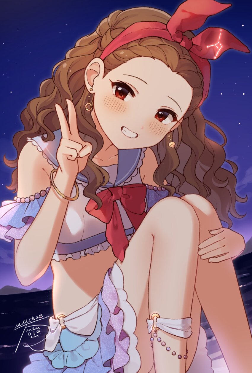 1girl alternate_costume artist_name bikini birthday blush bow bow_hairband bowtie bracelet breasts brown_hair clenched_teeth collarbone collared_bikini commentary_request dot_nose earrings fingernails frilled_bikini frills hairband hand_on_own_leg hand_up head_tilt highres idolmaster idolmaster_cinderella_girls jewelry knees_together_feet_apart long_hair looking_at_viewer mmmakaron888 night night_sky ocean off-shoulder_bikini off_shoulder red_bow red_bowtie red_eyes red_hairband seki_hiromi signature sitting sky small_breasts smile solo star_(sky) swimsuit teeth v water wavy_hair