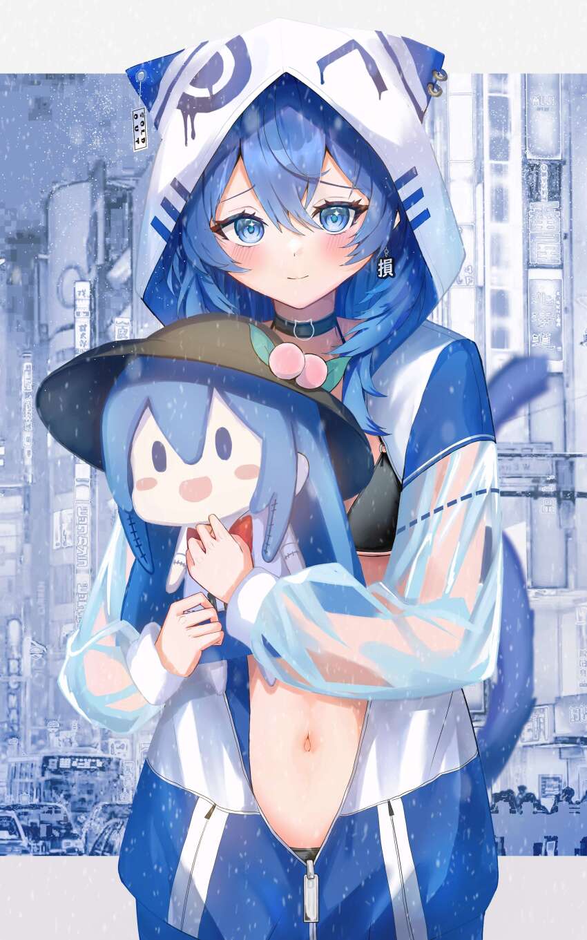 1girl absurdres alternate_costume animal_hood bikini black_bikini black_choker blue_eyes blue_hair blush building cat_hood cat_tail center_opening character_doll choker city closed_mouth commentary_request contemporary doll earrings food fruit highres hinanawi_tenshi holding holding_doll hood jewelry kaminose_(user_veum4325) light_smile long_hair long_sleeves looking_at_viewer navel partially_open_jacket peach see-through_clothes see-through_sleeves snow snowing solo swimsuit tail touhou yorigami_shion zipper_pull_tab