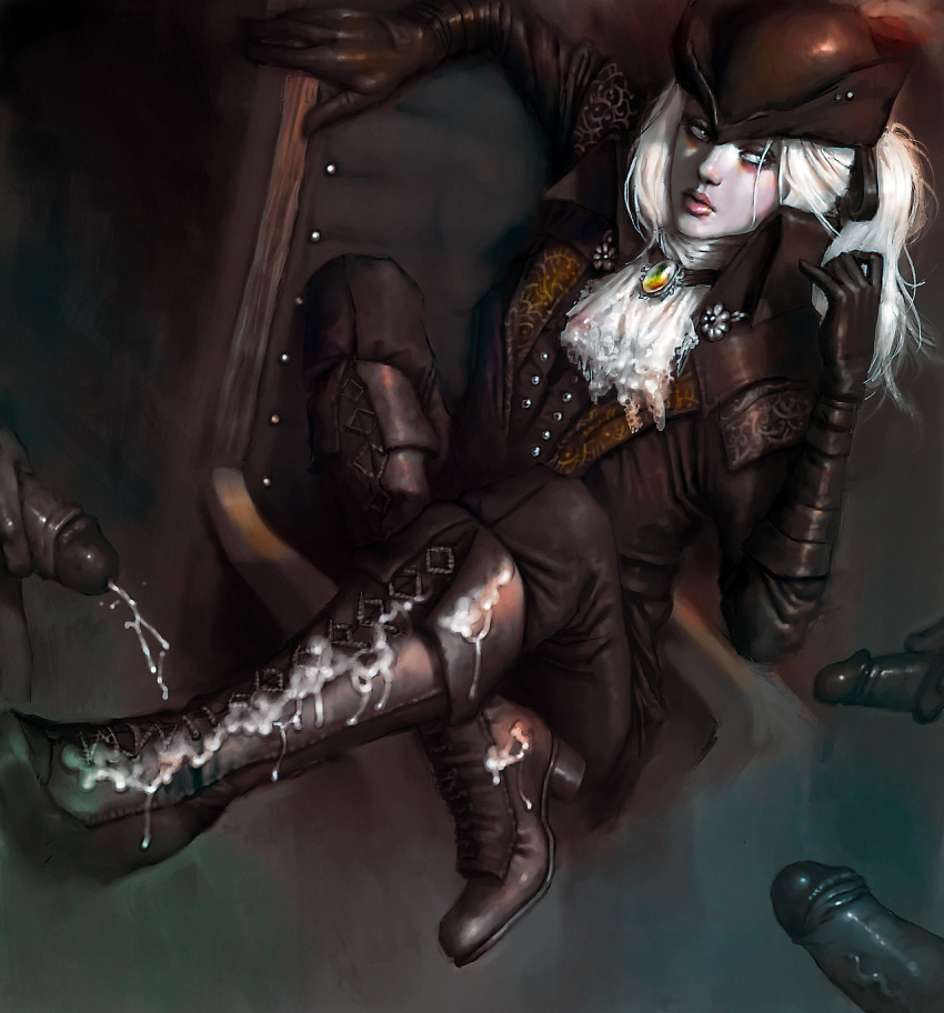 1girl 3boys bloodborne bootjob boots chair chris3000 coat cum cum_on_body cum_on_boots cum_on_feet cum_on_shoes gloves group_masturbation group_sex hat highres lady_maria_of_the_astral_clocktower long_hair male_masturbation masturbation multiple_boys on_chair penis shoejob sitting surrounded_by_penises uncensored