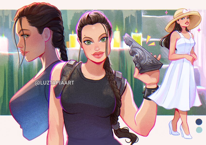 1girl artist_name black_tank_top braid braided_ponytail breasts brown_hair dress green_eyes hat high_heels lara_croft luztapiaart medium_breasts multiple_views shoes tank_top tomb_raider watermark white_dress white_shoes