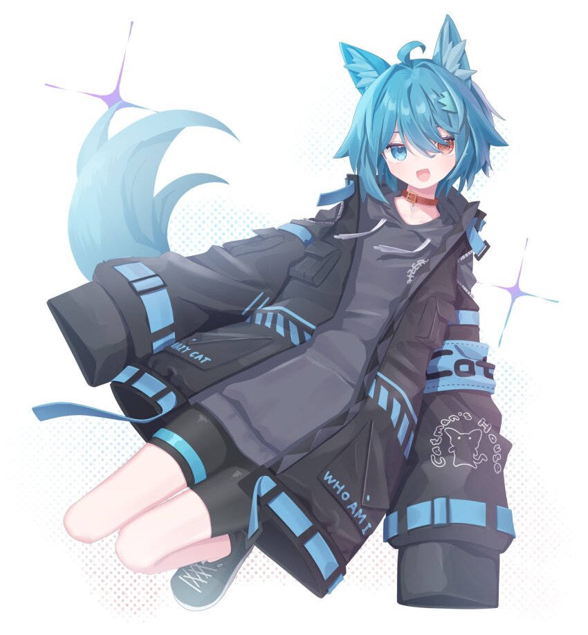 1boy ahoge alternate_costume androgynous animal_ear_fluff animal_ears bike_shorts black_jacket black_shoes blue_eyes blue_hair borrowed_character choker collar fox_ears fox_tail full_body grey_hoodie hair_between_eyes hair_ornament heterochromia highres hood hood_down hoodie jacket long_sleeves looking_at_viewer male_focus mishe_(vrchat) open_mouth oversized_clothes red_eyes satoh_vrc shoes short_hair shorts sleeves_past_fingers sleeves_past_wrists smile sneakers solo tail vrchat white_background