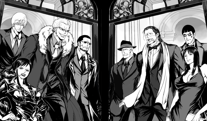 2girls 6+boys arisue_kanako baby_5 beard black_hair blonde_hair bon_clay bow bowl_cut bowtie breasts cigar cigarette cleavage crocodile_(one_piece) daz_bones donquixote_doflamingo donquixote_rocinante earrings facial_hair fur_trim highres jacket jewelry large_breasts leather leather_jacket long_hair makeup monochrome multiple_boys multiple_girls necktie nico_robin one_piece scarf short_hair sideburns smile sunglasses vergo_(one_piece) white_scarf