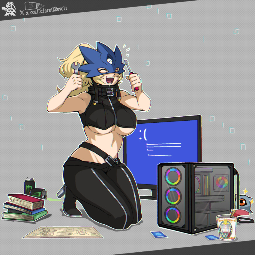 1girl :d alternate_hairstyle ankle_gun bare_shoulders beelstarmon belt belt_collar black_belt black_mask black_pants black_vest blonde_hair blue_screen_of_death blueprint_(object) book boots breasts closed_eyes collar commentary computer computer_tower cropped_vest cup_ramen dclaret digimon digimon_(creature) english_commentary eye_mask full_body groin high_heel_boots high_heels highres holding holding_screwdriver holding_wrench kneeling kuramon large_breasts leather leather_pants long_hair mask monitor monster_energy navel no_jacket notice_lines open_mouth pants ponytail screwdriver shadow sidelocks smile solo_focus stomach teeth third_eye tight_clothes tight_pants trading_card twitter_username underboob vest wrench zipper