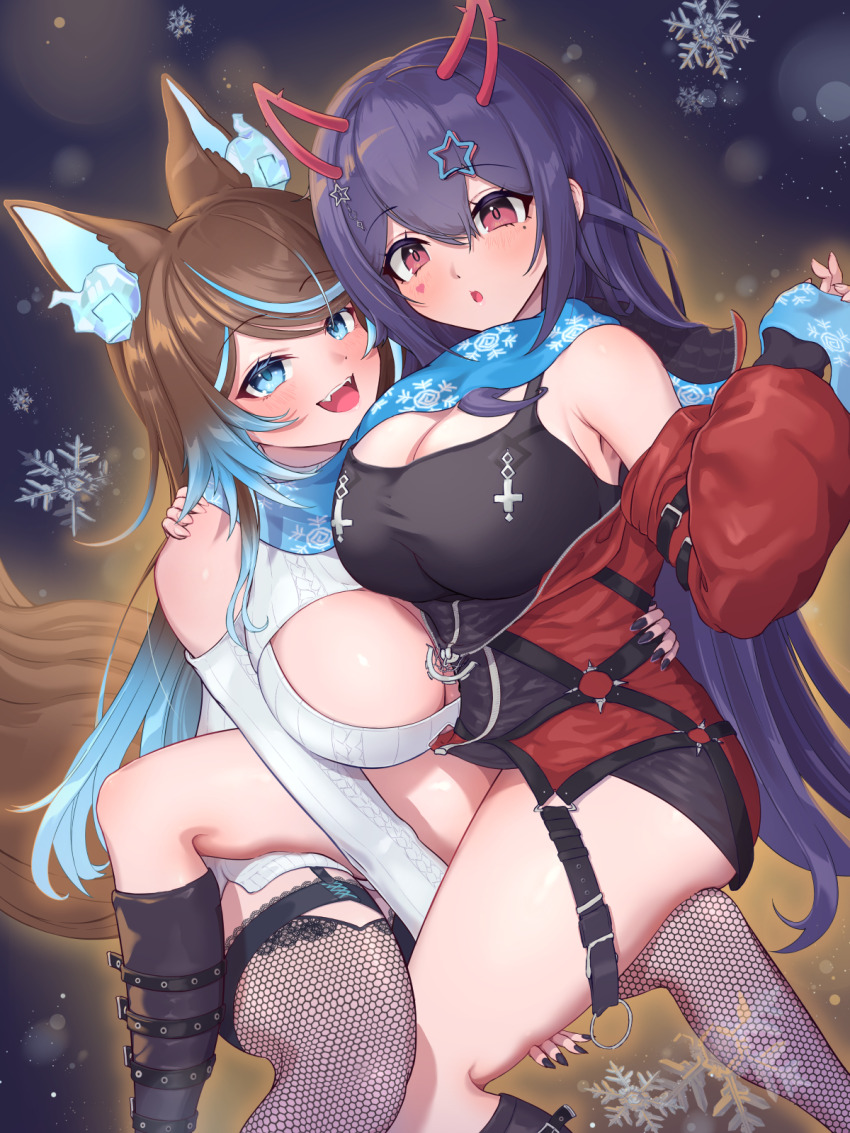 2girls akuma_nihmune akuma_nihmune_(casual) animal_ears black_footwear black_nails blue_eyes blue_hair blue_scarf boots breasts brown_hair cleavage cleavage_cutout clothing_cutout cross facial_mark fishnet_thighhighs fishnets gradient_hair hair_ornament hand_on_another&#039;s_shoulder hareteruya heart heart_facial_mark highres horns indie_virtual_youtuber inverted_cross jacket large_breasts long_hair mole mole_under_eye multicolored_hair multiple_girls pink_eyes purple_hair red_jacket scarf sinder_(vtuber) snowflake_print snowflakes star_(symbol) star_hair_ornament streaked_hair tail thighhighs virtual_youtuber wolf_ears wolf_girl wolf_tail zipper