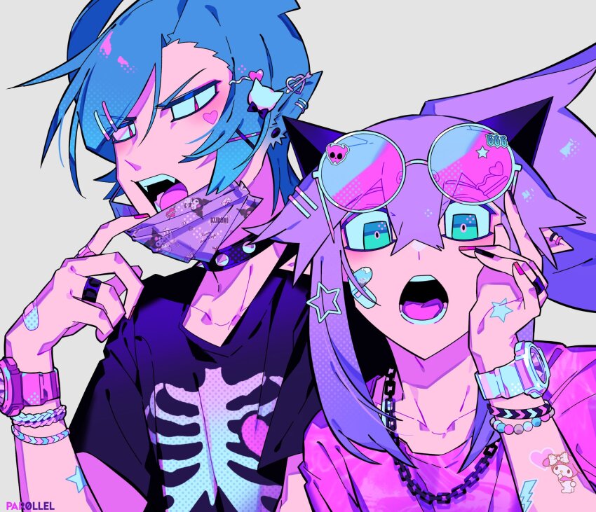 1boy 1girl adjusting_mask aqua_eyes artist_name bandaid bandaid_on_cheek bandaid_on_face bandaid_on_hand black_choker black_horns black_mouth black_nails black_shirt blue_hair bracelet cass_(par0llel) chain chain_necklace character_print character_sticker choker clothes_writing collarbone commentary crossed_bangs demon_girl demon_horns double-parted_bangs earrings english_commentary eyewear_on_head facial_mark fangs grey_background hair_between_eyes hair_flaps hair_ornament halftone hand_up heart heart_facial_mark heart_hair_ornament heart_sticker highres horns jewelry kuromi lightning_bolt_symbol looking_at_viewer looking_down mask mask_pull mouth_mask multicolored_nails my_melody nail_polish necklace open_mouth original par0llel pink-tinted_eyewear pink_eyes pink_nails pink_shirt pointy_ears ponytail purple_mask ring round_eyewear sanrio shirt short_hair short_sleeves sidelocks simple_background skeleton_print spiked_choker spikes square_eyes star_(symbol) star_hair_ornament star_sticker sticker_on_arm stud_earrings sunglasses teeth tinted_eyewear tongue tora_(par0llel) upper_body v-shaped_eyebrows watch white-framed_eyewear wristwatch x_hair_ornament