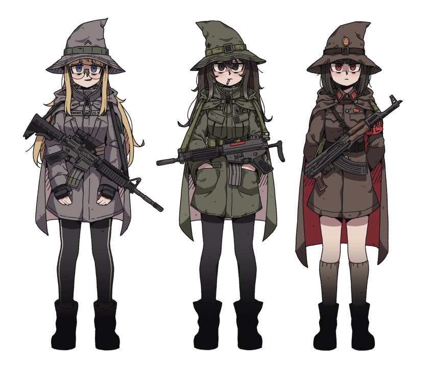 3girls ak-47 akm akms arms_behind_back assault_rifle bags_under_eyes belt black_footwear black_gloves black_hair black_socks blonde_hair blue_eyes boots brown_eyes brown_hair brown_legwear cape cigarette closed_mouth commentary daewoo_k1 english_commentary fingerless_gloves glasses gloves gun hair_between_eyes hands_in_pockets hat highres k1 kalashnikov_rifle karepack kneehighs long_hair long_sleeves m4_carbine mouth_hold multiple_girls north_korea original pantyhose red_eyes republic_of_korea_army rifle short_hair sidelocks simple_background socks standing united_states_army weapon white_background witch_hat