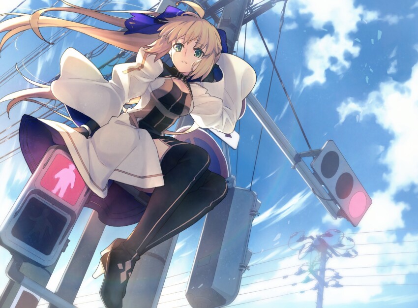 1girl ahoge artoria_caster_(fate) artoria_caster_(third_ascension)_(fate) artoria_pendragon_(fate) black_boots black_gloves blonde_hair blue_bow blue_sky boots bow bracelet breasts cloud cloudy_sky diamond_(shape) dress elbow_gloves fate/grand_order fate_(series) gloves green_eyes hair_bow highres jewelry long_dress long_hair long_sleeves looking_at_viewer on_top_of_pole open_mouth road saipaco sitting sky small_breasts solo street teeth thigh_boots twintails white_dress