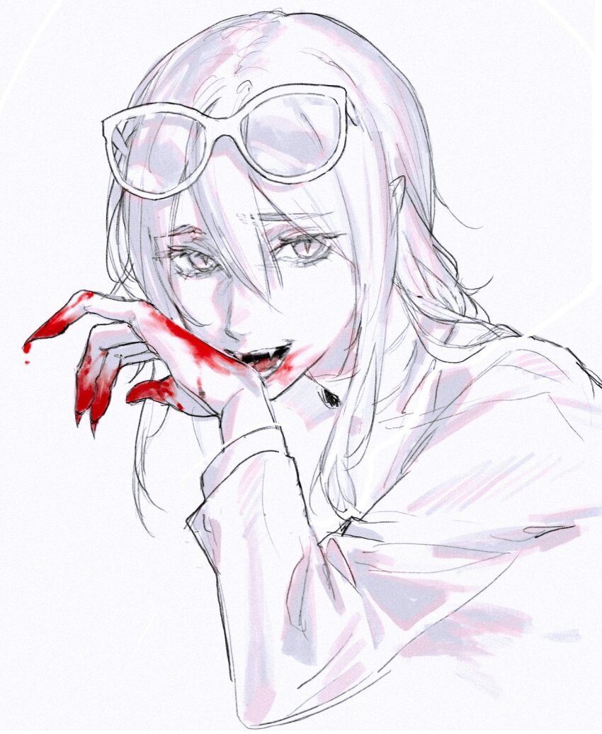 1girl blood blood_on_hands copyright_request eyewear_on_head fangs highres keibleh long_hair long_sleeves looking_at_viewer open_mouth simple_background slit_pupils solo upper_body vampire white_background wiping_blood