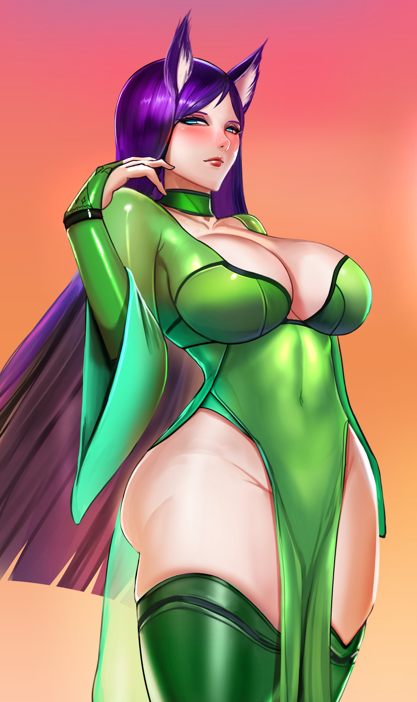 1girl absurdres animal_ears ass badcompzero blue_eyes breasts bridal_gauntlets choker collarbone commentary commission covered_navel english_commentary fox_ears frown green_choker green_thighhighs groin highres kodaka_lu&#039;an_(stargizar) large_breasts long_hair no_panties original pelvic_curtain purple_hair red_lips second-party_source skindentation solo thighhighs very_long_hair