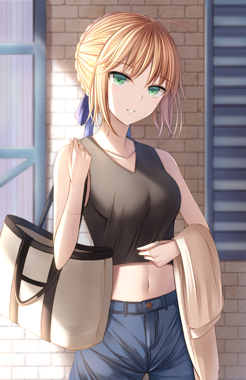 1girl ahoge artoria_pendragon_(fate) bag bare_arms black_shirt blonde_hair blue_pants blue_ribbon braid braided_bun collarbone cowboy_shot crop_top day fate/stay_night fate_(series) green_eyes hair_bun hair_ribbon highres kanpyou_(hghgkenfany) midriff navel outdoors pants parted_lips ribbon saber_(fate) shirt short_hair sleeveless sleeveless_shirt solo standing stomach