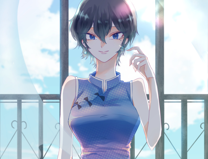 1girl black_bow black_hair blue_dress blue_eyes bow china_dress chinese_clothes closed_mouth dress earrings fusizennna_3310 hair_between_eyes highres jewelry kowloon_generic_romance kujirai_reiko mole mole_under_eye railing solo upper_body