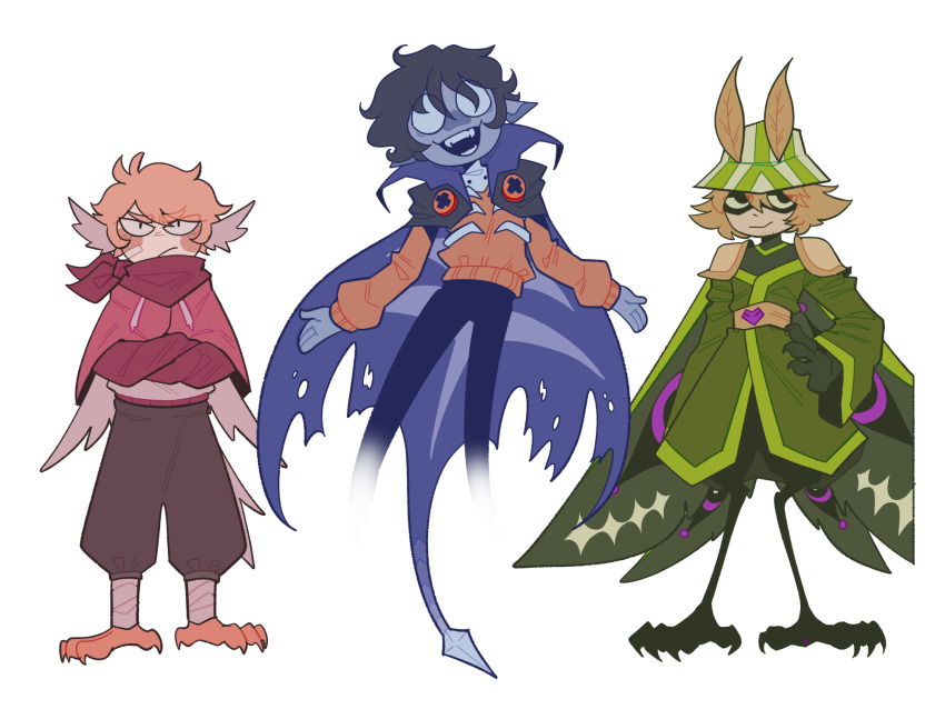 3boys adapted_costume animal_feet bandage_on_face bandages bird_boy bird_legs bird_tail bird_wings black_pants blonde_hair blush_stickers cape capelet colored_skin commentary crossed_arms english_commentary fading full_body green_kimono grey_hair grey_skin hand_on_own_hip hardcore_heart head_wings heart highres japanese_clothes kimono leg_wrap male_focus minecraft minecraft_youtube monster_boy moth_antennae multiple_boys neckerchief open_mouth origins_smp outstretched_arms pants ph1lza ph1lza_(elytrian) phantom_(minecraft) red_capelet red_neckerchief ribs shaded_face sharp_teeth short_hair simple_background smile standing striped_hat sweater tail teeth tommyinnit tommyinnit_(avian) vivi_(viridescenttemple) white_background white_eyes wilbur_soot wilbur_soot_(phantom) wings yellow_sweater