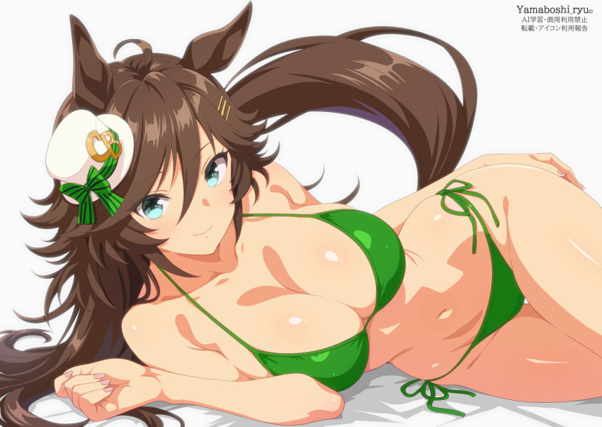 1girl animal_ears aqua_eyes artist_name bikini breasts brown_hair brown_tail cleavage closed_mouth commentary_request green_bikini hair_between_eyes hat horse_ears horse_girl horse_tail large_breasts long_hair looking_at_viewer lying mini_hat mini_top_hat mr._c.b._(umamusume) navel on_side side-tie_bikini_bottom simple_background smile solo stomach swimsuit tail thighs top_hat umamusume white_background white_hat yamaboshi_ryuu