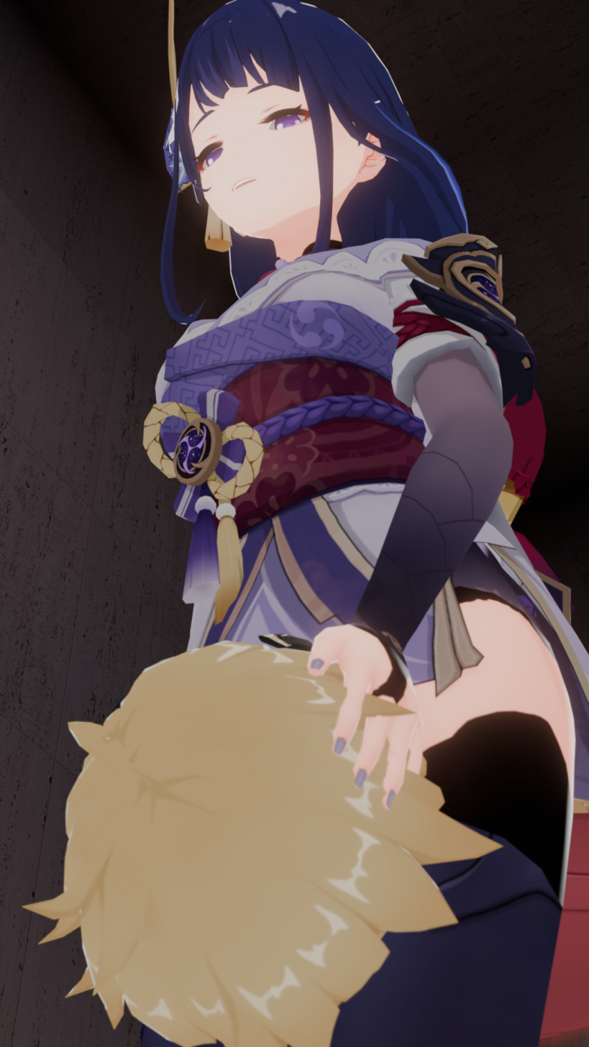 1boy 1girl artist_request blonde_hair dress femdom genshin_impact head_between_thighs headscissor highres jacket long_hair purple_dress purple_eyes purple_hair raiden_shogun red_jacket red_ribbon reverse_ryona ribbon sadism scissorhold thighs thoma_(genshin_impact)