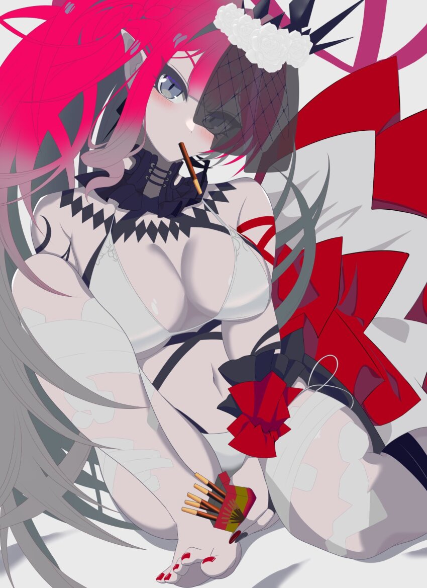 1girl baobhan_sith_(fate) baobhan_sith_(swimsuit_pretender)_(fate) baobhan_sith_(swimsuit_pretender)_(third_ascension)_(fate) barefoot bikini blush breasts bridal_gauntlets detached_collar earrings fate/grand_order fate_(series) flower food food_in_mouth grey_eyes hair_flower hair_ornament highres holding holding_food holding_pocky jewelry knee_up long_hair looking_at_viewer navel pink_hair pocky pocky_in_mouth pointy_ears puti_tomato19 side_ponytail solo swimsuit tiara veil white_bikini white_flower
