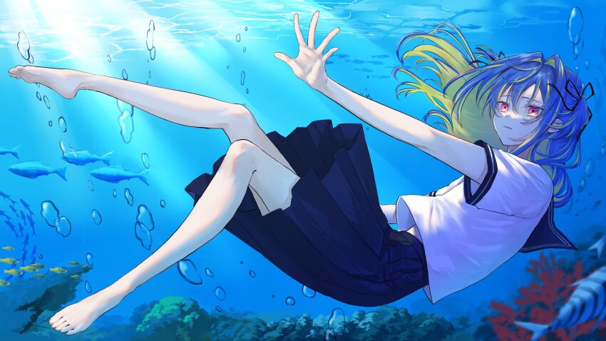 1girl air_bubble barefoot blue_hair blue_skirt bubble coral_reef fish floating full_body green_hair hair_between_eyes hair_intakes hair_ribbon highres hiyoku_no_crosspiece long_hair mole mole_under_eye multicolored_hair nanashi_inc. parted_lips pd_ta1 pink_eyes reaching ribbon school_uniform shirt short_sleeves skirt solo streaked_hair suzumi_nemo underwater virtual_youtuber white_shirt
