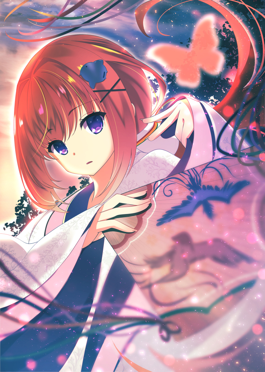 1girl absurdres animal_print bird_print blurry bug butterfly cafe_stella_to_shinigami_no_chou commentary dancing depth_of_field eyelashes eyes_visible_through_hair floating_hair folding_fan hair_between_eyes hair_ornament hairclip hand_fan hands_up highres holding holding_fan insect japanese_clothes kimono light_particles long_hair long_sleeves looking_at_viewer low_ponytail miko official_alternate_costume official_alternate_hairstyle orange_hair outdoors parted_lips ponytail print_folding_fan purple_eyes serious solo sukonbu385 sumizome_nozomi sunset upper_body very_long_hair white_kimono wide_sleeves x_hair_ornament
