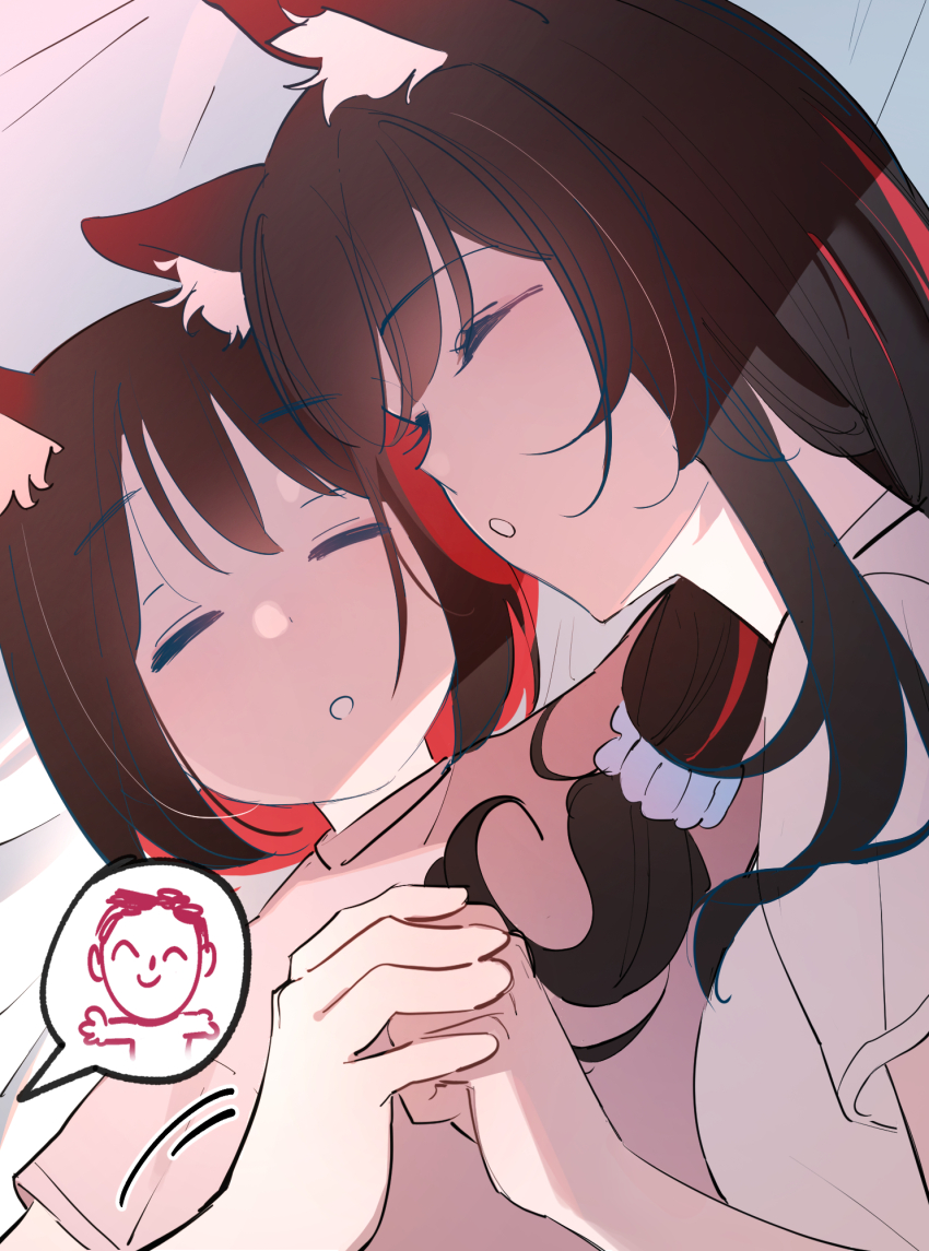 1boy 2girls =_= aged_up animal_ear_fluff animal_ears blue_archive brown_hair closed_eyes colored_inner_hair commentary_request doodle_sensei_(blue_archive) dutch_angle fox_ears fox_girl hair_ornament hair_scrunchie highres holding_hands if_they_mated korean_commentary long_hair mother_and_daughter motion_lines multicolored_hair multiple_girls parted_lips pink_shirt red_hair scrunchie sensei_(blue_archive) shirt short_hair short_sleeves sidelocks sleeping speech_bubble spoken_character towel17815 upper_body wakamo_(blue_archive) white_scrunchie white_shirt