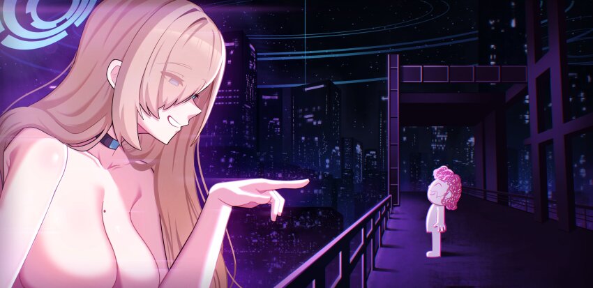 1boy 1girl absurdres asuna_(blue_archive) blade_runner_2049 blue_archive blue_halo breasts commission cosplay doodle_sensei_(blue_archive) gician_l goslingposting_(meme) hair_over_one_eye halo highres hologram k_(blade_runner_2049) k_(blade_runner_2049)_(cosplay) meme mole mole_on_breast movie_reference scene_reference second-party_source sensei_(blue_archive) you_look_lonely_(meme)