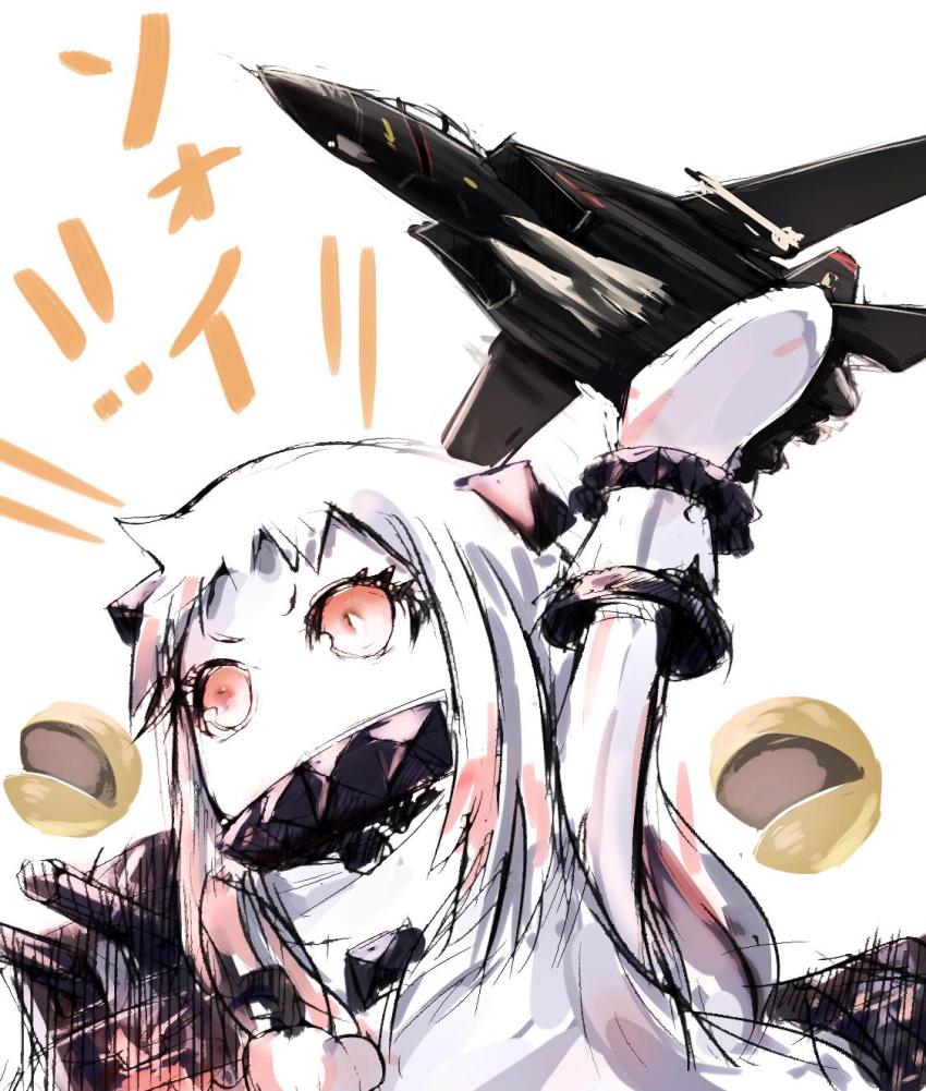 10s 1girl abyssal_ship ace_combat ace_combat_5 ahoge aim-54_phoenix aircraft airplane bad_id bad_twitter_id colored_skin commentary_request dress f-14 female_focus highres holding horns kantai_collection long_hair missile missile228 mittens northern_ocean_princess pale_skin razgriz razgriz_squadron red_eyes simple_background sleeveless sleeveless_dress solo translation_request white_background white_dress white_hair white_skin