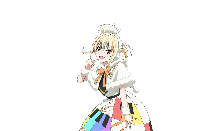 1girl blonde_hair blush braid capelet colorful_dreams!_colorful_smiles!_(love_live!) cowboy_shot dress earmuffs fur-trimmed_capelet fur-trimmed_collar fur_trim hand_up highres looking_at_viewer love_live! love_live!_nijigasaki_high_school_idol_club love_live!_school_idol_festival_2 medium_hair miyashita_ai musical_note musical_note_print neck_ribbon official_art open_mouth orange_eyes orange_ribbon piano_print rainbow_print rainbow_skirt ribbon sidelocks single_braid smile standing white_capelet white_dress wristband