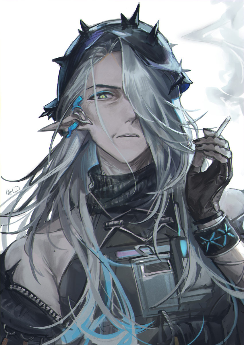 1girl absurdres aqua_eyes aqua_hair arknights ghostlab42 grey_hair hair_over_one_eye highres looking_at_viewer mantra_(arknights) multicolored_hair old old_woman snake_girl two-tone_hair