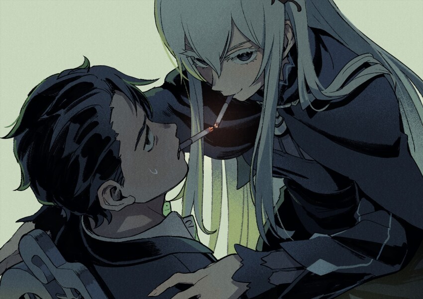 1boy 1girl black_dress black_eyes black_hair cigarette colored_eyelashes commentary_request dress duplicate echidna_(re:zero) eyelashes grey_hair hair_between_eyes hand_on_another&#039;s_shoulder highres iwamushi long_hair long_sleeves mouth_hold natsuki_subaru re:zero_kara_hajimeru_isekai_seikatsu re:zero_kara_kasaneru_isekai_seikatsu short_hair sidelocks smoking sweatdrop white_eyelashes