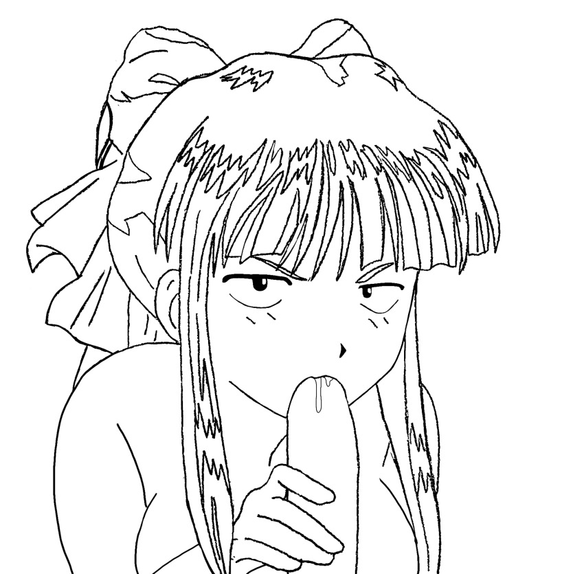 1boy 1girl annoyed breasts constricted_pupils fellatio hair_ribbon half-closed_eyes highres large_breasts looking_at_viewer monochrome nude oral penis penis_grab pov ribbon sakura_taisen saliva sega shinguuji_sakura sketch
