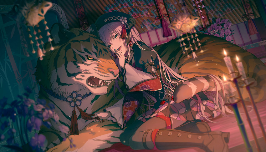 1girl all_fours bamboo_print black_dress blurry boots brown_boots candle candlestand collarbone colorful_palette depth_of_field dress earrings fire flower glaring grey_thighhighs highres jewelry juliet_sleeves knee_boots leaning_on_animal long_hair long_sleeves looking_at_viewer megurine_luka official_art onawa_wo_choudai!?_tenma_torimonochou_(project_sekai) pink_hair project_sekai puffy_sleeves purple_flower sharp_teeth smile solo teeth thighhighs tiger whispering wonderlands_x_showtime_luka yellow_eyes