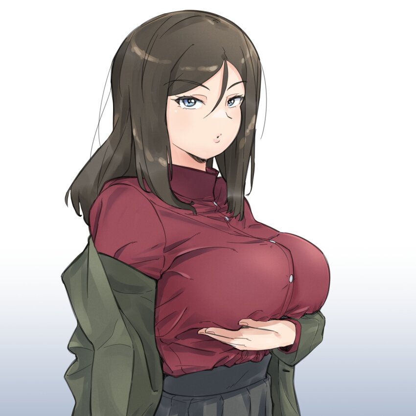 1girl absurdres black_hair blue_eyes blush breasts girls_und_panzer gradient_background highres huaronanago large_breasts long_hair looking_at_viewer military_uniform nonna_(girls_und_panzer) open_mouth pravda_military_uniform simple_background solo upper_body