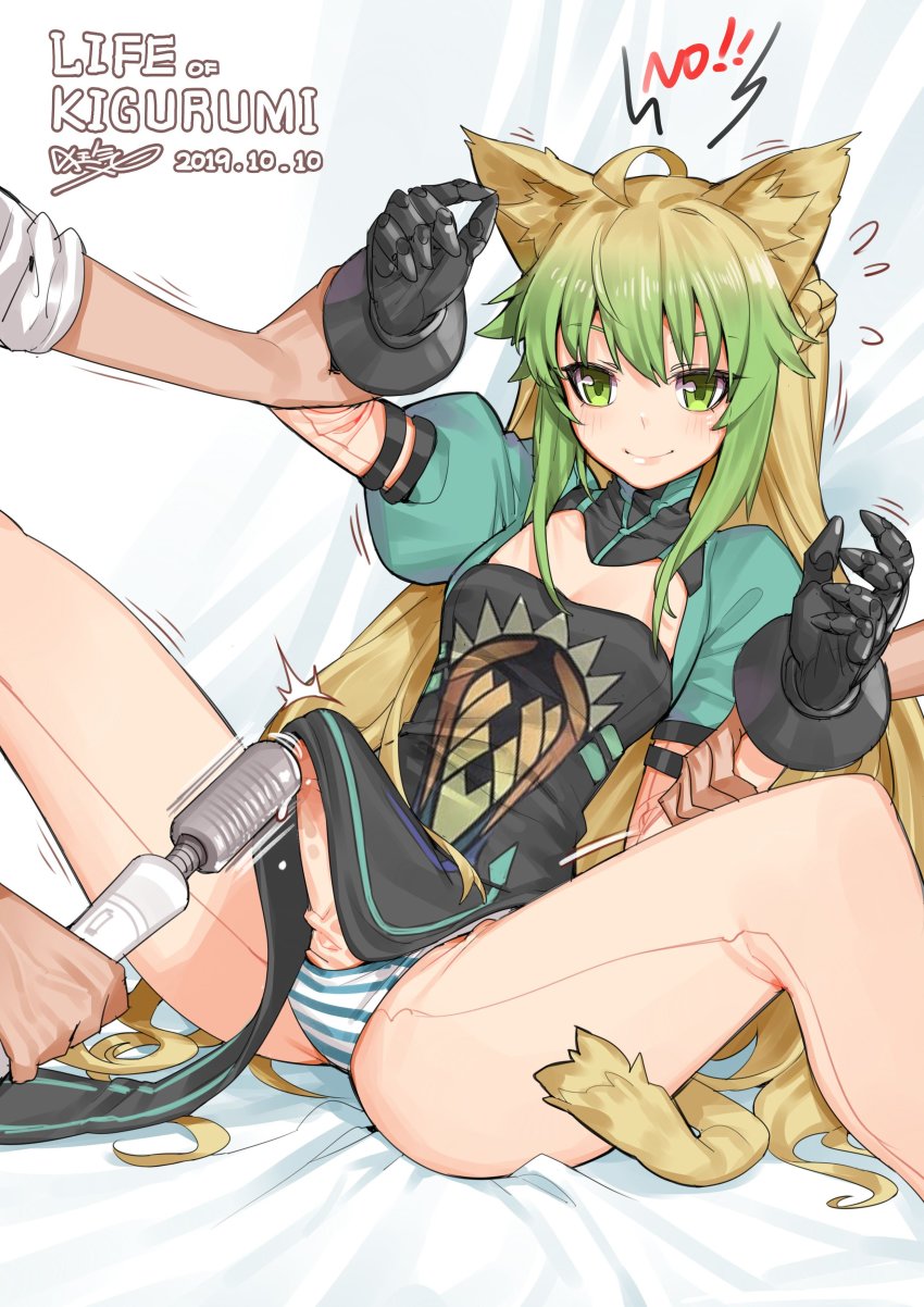 1boy absurdres atalanta_(fate) bodice bodysuit boots bulge clawed_gauntlets cosplay erection fate/grand_order fate_(series) gauntlets green_eyes highres hitachi_magic_wand kigurumi long_hair multicolored_hair rape restrained sex_toy smile thigh_boots thighhighs trap trevor25527766 two-tone_hair vibrator