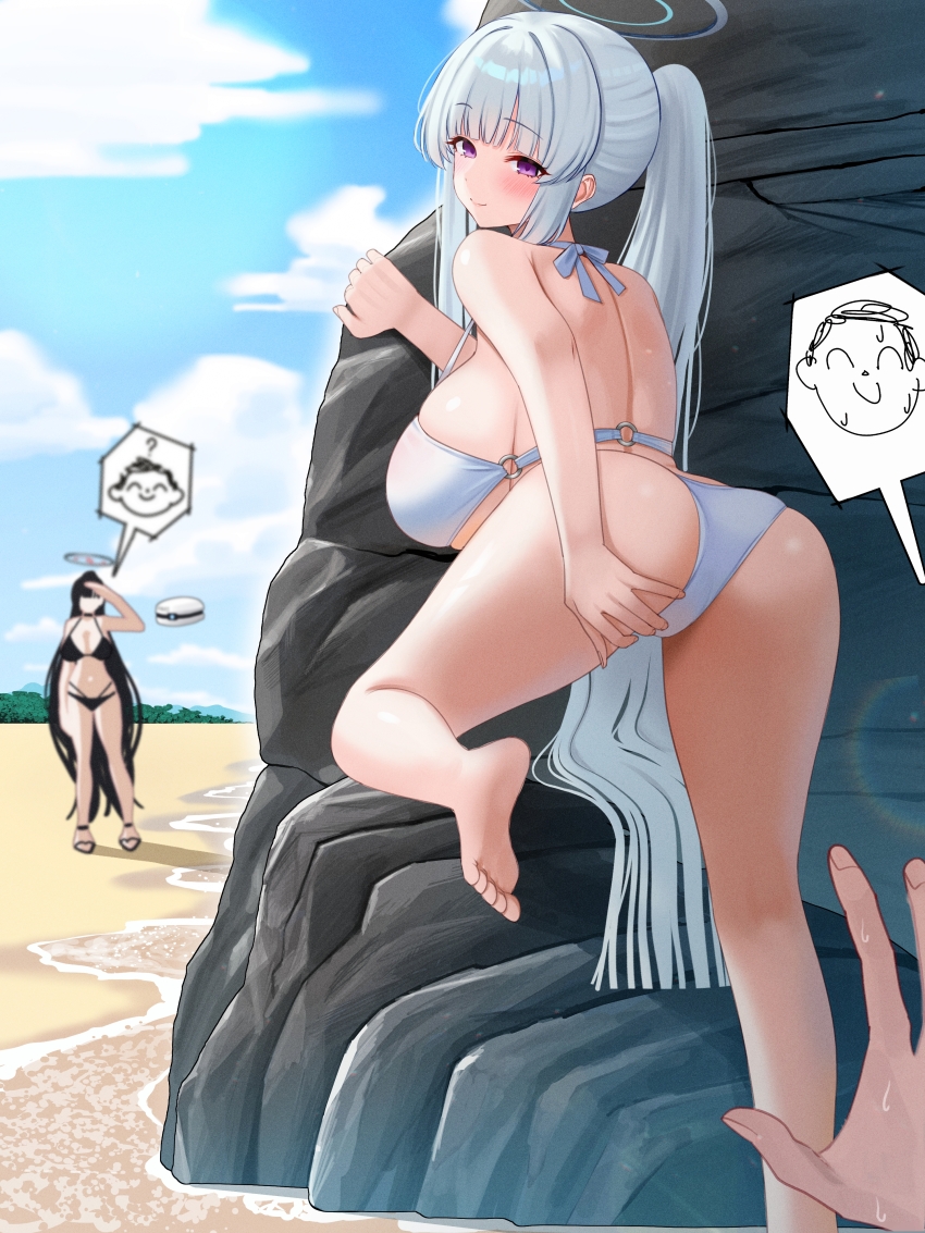 1boy 2girls ? absurdres alternate_costume ass back barefoot beach bikini black_bikini black_hair blue_archive blue_sky blunt_bangs blunt_ends blush breasts cloud commentary_request day doodle_sensei_(blue_archive) faceless faceless_female feet from_behind grin halo hand_on_own_ass highres huge_breasts leg_up long_hair looking_at_viewer looking_back mizikayo multiple_girls nervous_sweating noa_(blue_archive) outdoors ponytail pov pov_hands presenting presenting_ass rio_(blue_archive) rock searching sensei_(blue_archive) sidelocks sky smile solo_focus spoken_character standing standing_on_one_leg sweat swimsuit thighs toes very_long_hair white_hair
